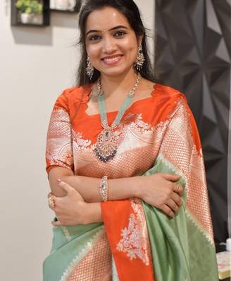 pista orange silk blend banarasi jacuard work festive saree with unstitched blouse piece 3