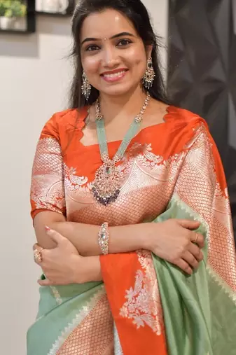 pista orange silk blend banarasi jacuard work festive saree with unstitched blouse piece