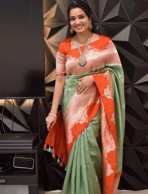 pista orange silk blend banarasi jacuard work festive saree with unstitched blouse piece 4