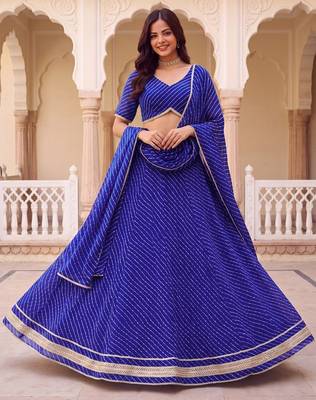 BLUE SOFT GEORGETTE ZARI COARDING WORK LEHRIYA PRINT LEHENGA CHOLI FREE SIZE 1
