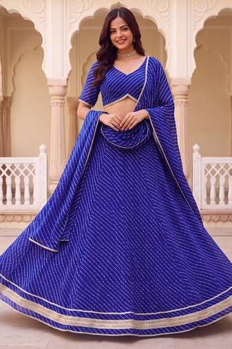BLUE SOFT GEORGETTE ZARI COARDING WORK LEHRIYA PRINT LEHENGA CHOLI FREE SIZE