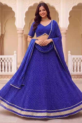 BLUE SOFT GEORGETTE ZARI COARDING WORK LEHRIYA PRINT LEHENGA CHOLI FREE SIZE