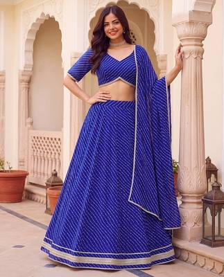 BLUE SOFT GEORGETTE ZARI COARDING WORK LEHRIYA PRINT LEHENGA CHOLI FREE SIZE 2