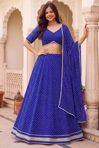 BLUE SOFT GEORGETTE ZARI COARDING WORK LEHRIYA PRINT LEHENGA CHOLI FREE SIZE