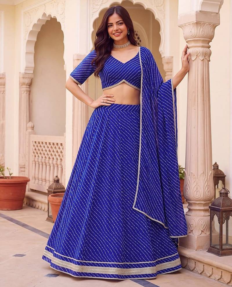 BLUE SOFT GEORGETTE ZARI COARDING WORK LEHRIYA PRINT LEHENGA CHOLI FREE SIZE