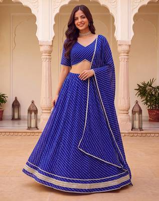 BLUE SOFT GEORGETTE ZARI COARDING WORK LEHRIYA PRINT LEHENGA CHOLI FREE SIZE 3