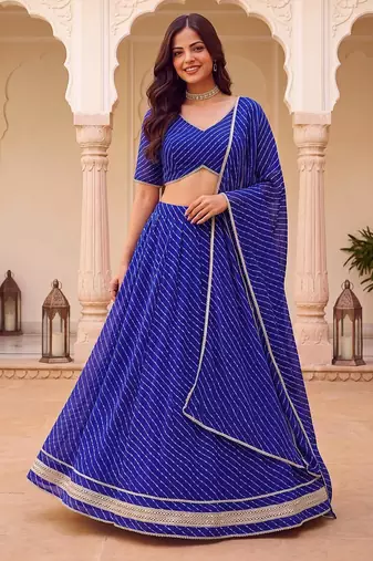 BLUE SOFT GEORGETTE ZARI COARDING WORK LEHRIYA PRINT LEHENGA CHOLI FREE SIZE