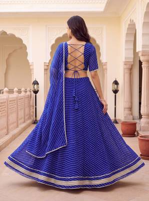 BLUE SOFT GEORGETTE ZARI COARDING WORK LEHRIYA PRINT LEHENGA CHOLI FREE SIZE 4