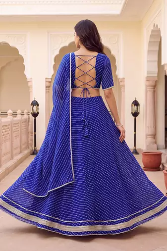 BLUE SOFT GEORGETTE ZARI COARDING WORK LEHRIYA PRINT LEHENGA CHOLI FREE SIZE