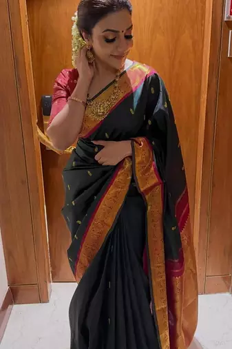black silk blend banarasi jacuard work festive saree with unstitched blouse piece