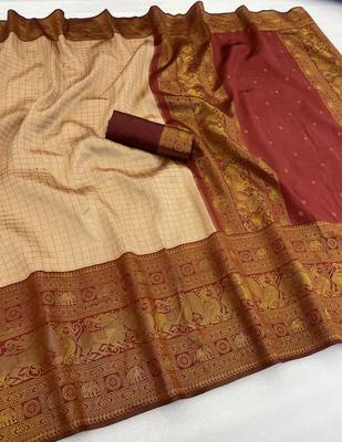 cream maroon silk blend banarasi jacuard work festive saree with unstitched blouse piece 1