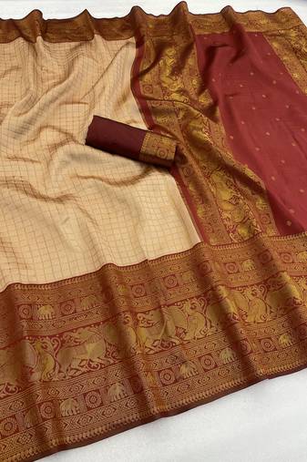 cream maroon silk blend banarasi jacuard work festive saree with unstitched blouse piece