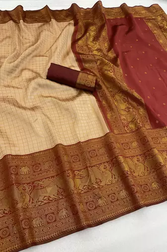 cream maroon silk blend banarasi jacuard work festive saree with unstitched blouse piece
