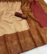 cream maroon silk blend banarasi jacuard work festive saree with unstitched blouse piece