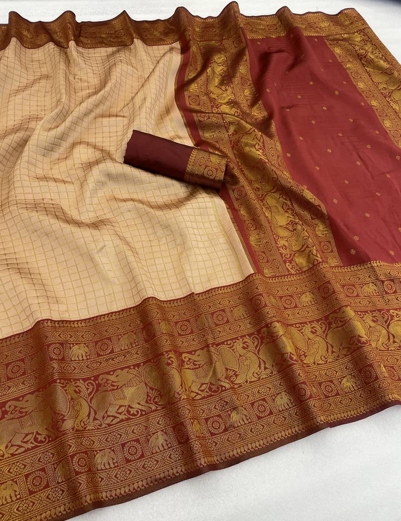 cream maroon silk blend banarasi jacuard work festive saree with unstitched blouse piece