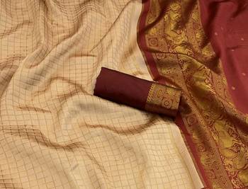 cream maroon silk blend banarasi jacuard work festive saree with unstitched blouse piece 2