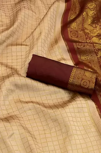 cream maroon silk blend banarasi jacuard work festive saree with unstitched blouse piece