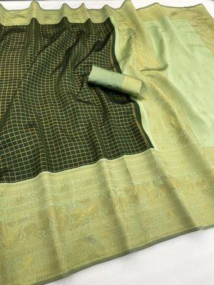 green pista silk blend banarasi jacuard work festive saree with unstitched blouse piece 1