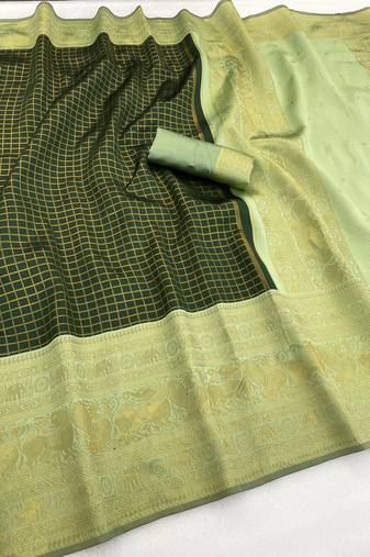 green pista silk blend banarasi jacuard work festive saree with unstitched blouse piece