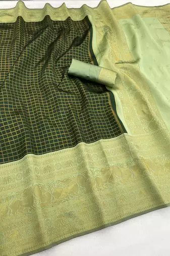 green pista silk blend banarasi jacuard work festive saree with unstitched blouse piece