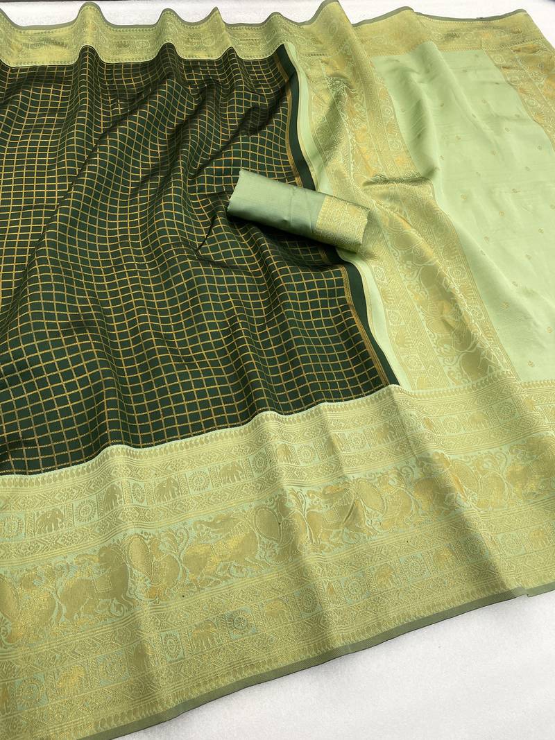 green pista silk blend banarasi jacuard work festive saree with unstitched blouse piece
