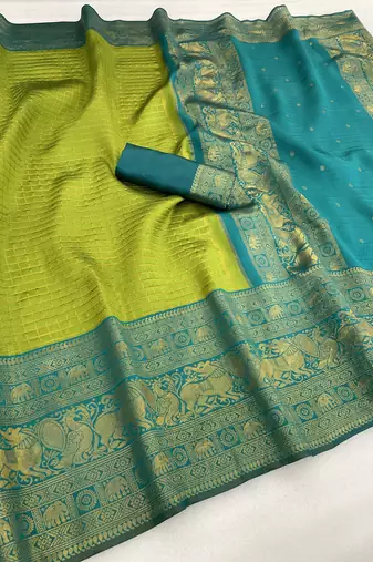 mehendi rama silk blend banarasi jacuard work festive saree with unstitched blouse piece
