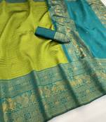 mehendi rama silk blend banarasi jacuard work festive saree with unstitched blouse piece