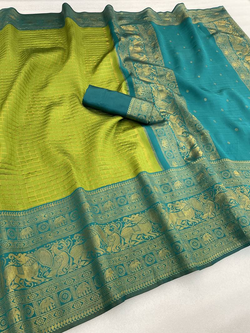 mehendi rama silk blend banarasi jacuard work festive saree with unstitched blouse piece