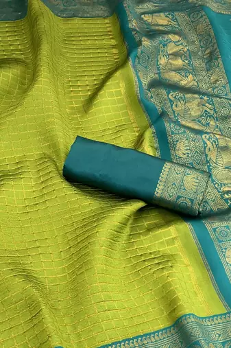 mehendi rama silk blend banarasi jacuard work festive saree with unstitched blouse piece
