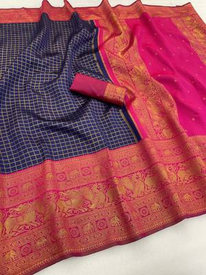 navy blue pink silk blend banarasi jacuard work festive saree with unstitched blouse piece 1