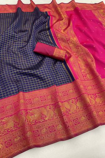 navy blue pink silk blend banarasi jacuard work festive saree with unstitched blouse piece