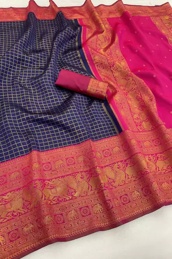 navy blue pink silk blend banarasi jacuard work festive saree with unstitched blouse piece
