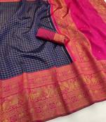 navy blue pink silk blend banarasi jacuard work festive saree with unstitched blouse piece