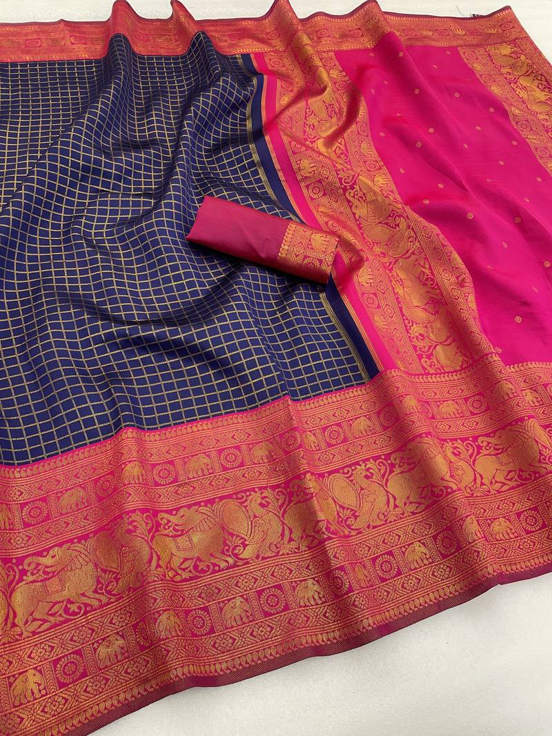 navy blue pink silk blend banarasi jacuard work festive saree with unstitched blouse piece