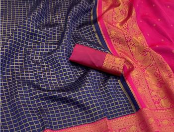 navy blue pink silk blend banarasi jacuard work festive saree with unstitched blouse piece 2