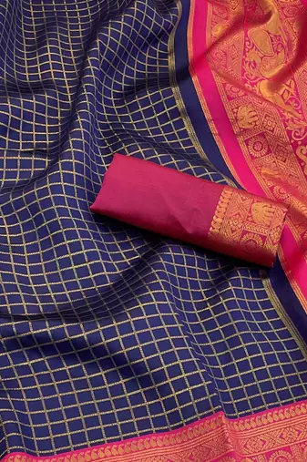 navy blue pink silk blend banarasi jacuard work festive saree with unstitched blouse piece