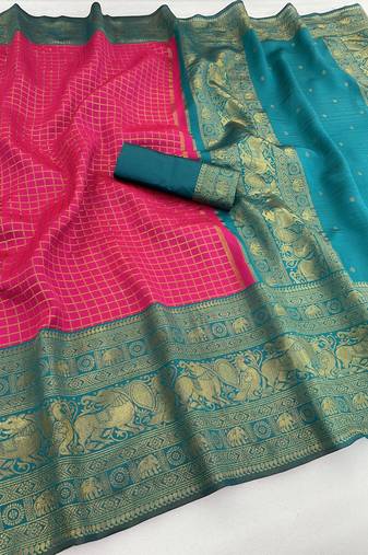 pink rama silk blend banarasi jacuard work festive saree with unstitched blouse piece