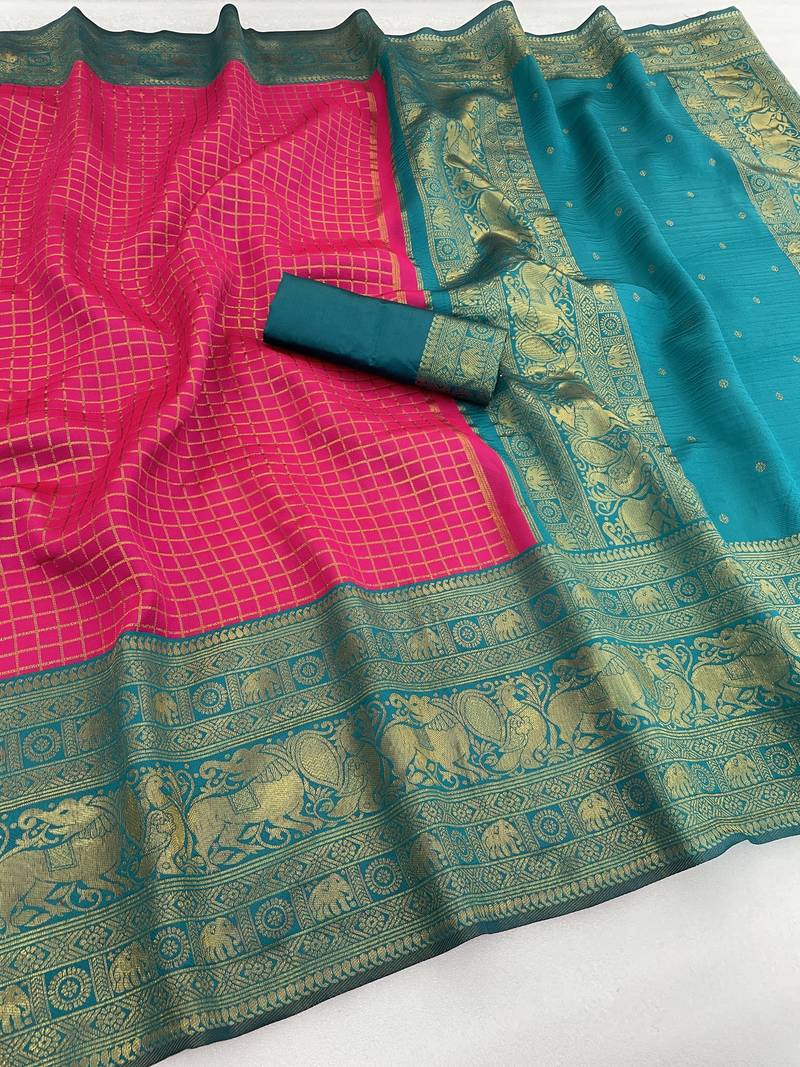 pink rama silk blend banarasi jacuard work festive saree with unstitched blouse piece