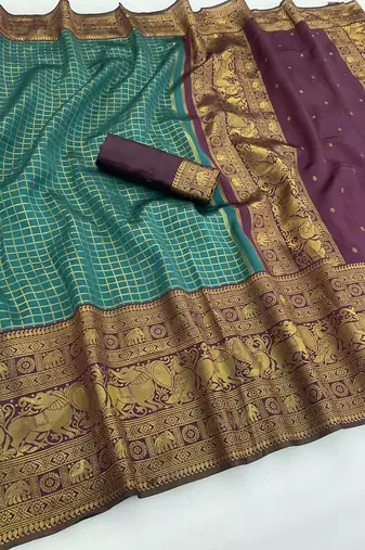 rama maroon silk blend banarasi jacuard work festive saree with unstitched blouse piece