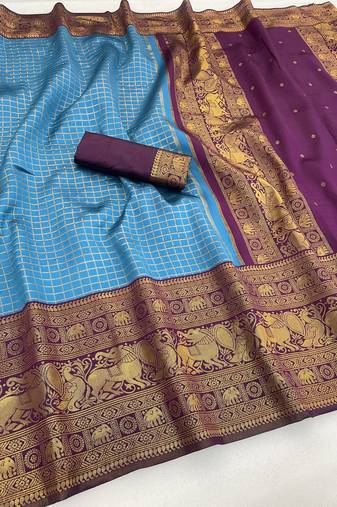 sky blue rama silk blend banarasi jacuard work festive saree with unstitched blouse piece