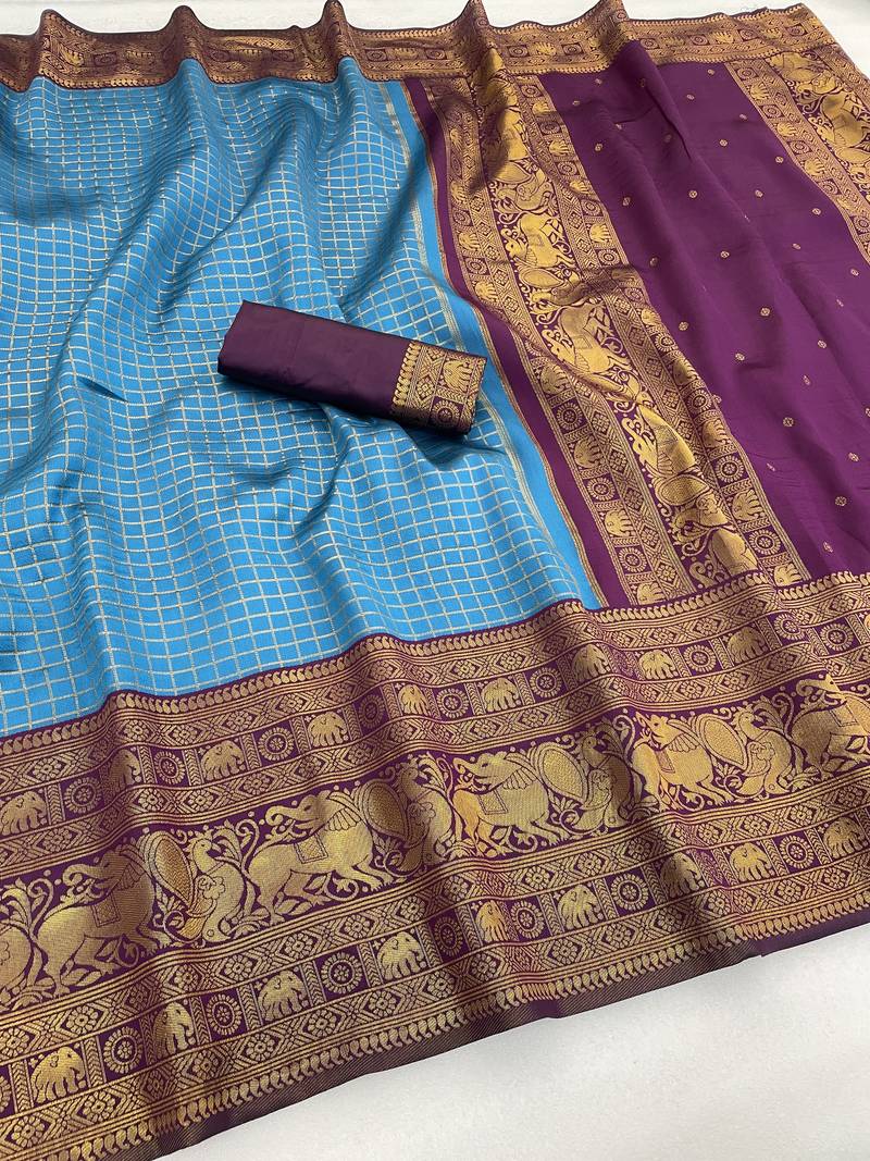 sky blue rama silk blend banarasi jacuard work festive saree with unstitched blouse piece