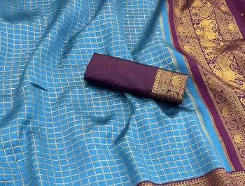 sky blue rama silk blend banarasi jacuard work festive saree with unstitched blouse piece 2