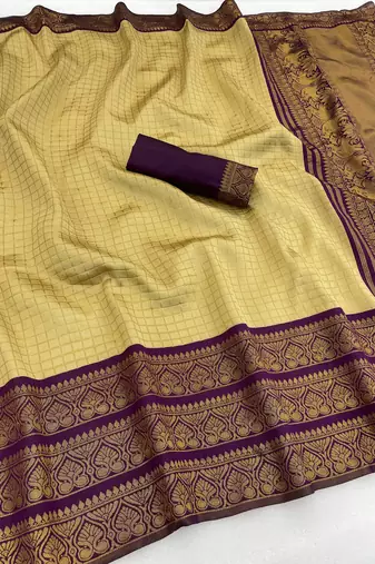 cream wine silk blend banarasi jacuard work festive saree with unstitched blouse piece