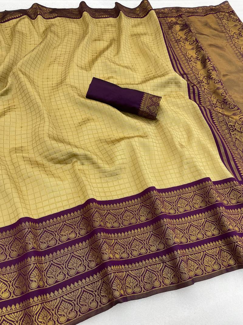 cream wine silk blend banarasi jacuard work festive saree with unstitched blouse piece