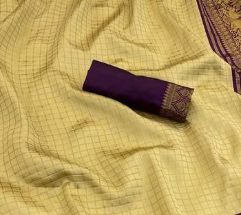cream wine silk blend banarasi jacuard work festive saree with unstitched blouse piece 2