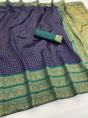 navy blue rama silk blend banarasi jacuard work festive saree with unstitched blouse piece 1