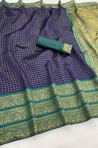 navy blue rama silk blend banarasi jacuard work festive saree with unstitched blouse piece