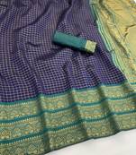 navy blue rama silk blend banarasi jacuard work festive saree with unstitched blouse piece