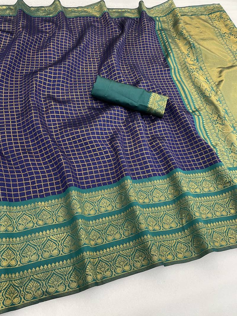navy blue rama silk blend banarasi jacuard work festive saree with unstitched blouse piece