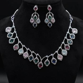 Colorfully embellished multi color american diamond necklace set for traditional celebrations 1